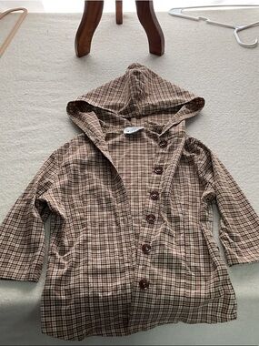 Kids Hooded Plaid Raincoat in Brown - Classic Button Front